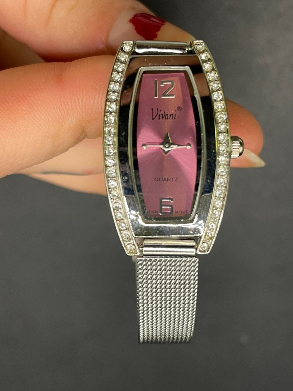 Vtg Vivian Watch Pink Dial Silver Tone Mesh Stainless Band Rhinestone Accent